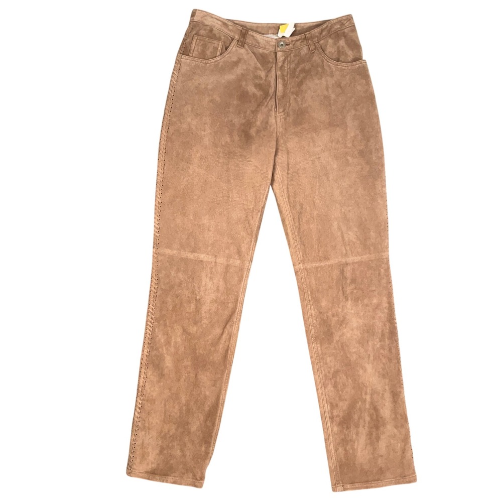 Chicos Suede Pants Women 1/Medium Tan Leather Western Whipstitch Straight Leg